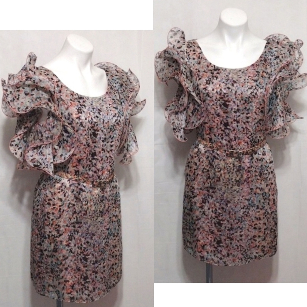 Catherine Malandrino Silk Floral Ruffle Flutter Sleeve Dress 0 Romantic Feminine